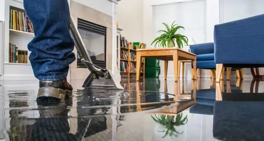 Restoration technician extracting standing water from a flooded Canyon Country, CA living room floor