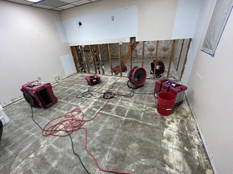 Air movers drying a slab leak in a Canyon Country, CA home
